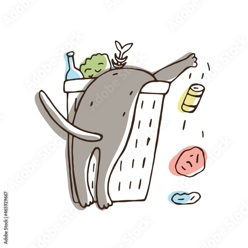 Cat throwing trash out of litter bin or bucket. Naughty kitty scattering garbage isolated on white background. Problematic behavior of domestic animal. Colorful hand drawn vector illustration.