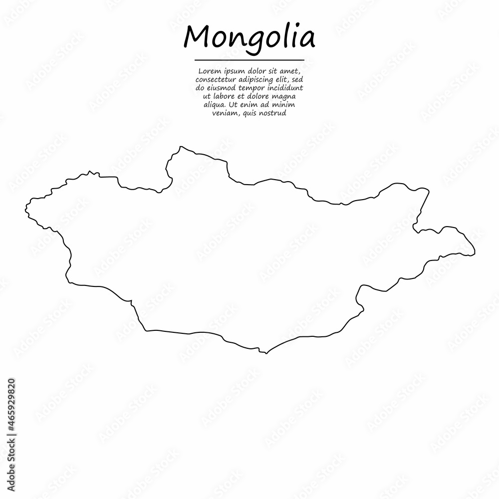 Simple outline map of Mongolia, silhouette in sketch line style