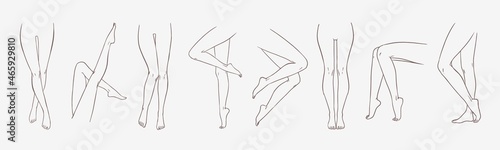 Bundle of female legs in different poses or postures hand drawn with contour lines. Collection of elegant drawings of women's feet isolated on white background. Monochrome vector illustration.