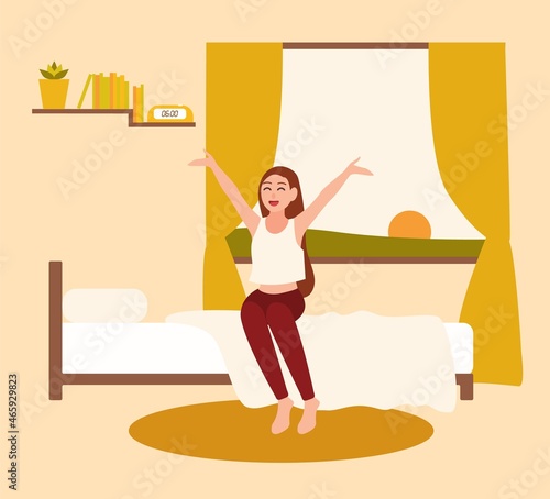 Happy young woman or girl waking up with rising sun in early morning. Smiling female cartoon character awakening at sunrise or dawn. Active start of day. Colorful vector illustration in flat style.