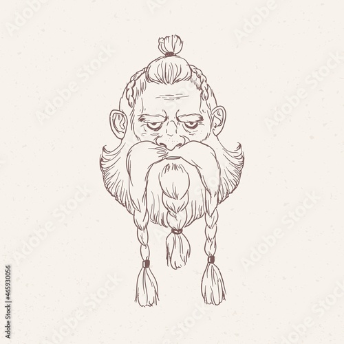 Portrait of angry Scandinavian warrior or berserker with braids hand drawn with outlines on light background. Head of god Odin, Beowulf or legendary Nordic hero. Monochrome vector illustration.
