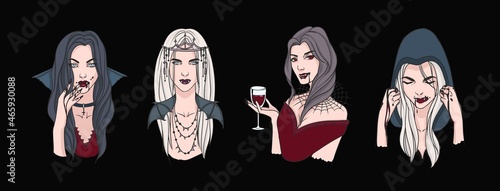 Collection of portraits of beautiful female vampires. Bundle of elegant gothic ladies drinking blood. Set of scary creatures isolated on dark background. Vector illustration in realistic style.