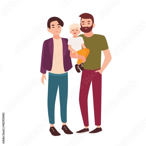 Cute gay couple standing together and holding little child. Pair of smiling men and their kid. Homosexual family. Flat cartoon characters isolated on white background. Colorful vector illustration.