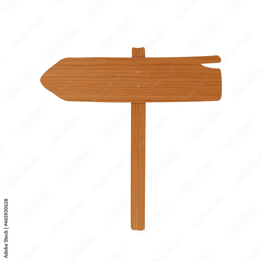 Wooden guideboard made of plank and pole nailed together. Empty signpost with arrow pointing left and showing direction isolated on white background. Design element. Cartoon vector illustration. Wooden guideboard made of plank and pole nailed together. Empty signpost with arrow pointing left and showing direction isolated on white background. Design element. Cartoon vector illustration.