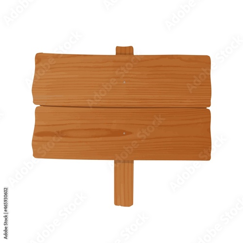 Billboard made of pair of unhewn wooden planks and pole nailed together. Empty signboard or signpost isolated on white background. Cartoon decorative design element. Colored vector illustration.