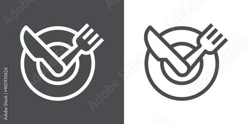 Lunch Time. Logotipo con plato como esfera de reloj con tenedor y cuchillo como manecillas con lineas en fondo gris y fondo blanco