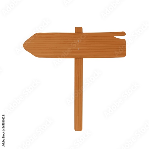 Wooden guideboard made of plank and pole nailed together. Empty signpost with arrow pointing left and showing direction isolated on white background. Design element. Cartoon vector illustration.