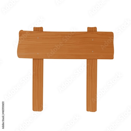 Wooden signboard made of plank and pair of poles nailed together. Empty advertisement or promo banner with place for information isolated on white background. Cartoon colorful vector illustration.
