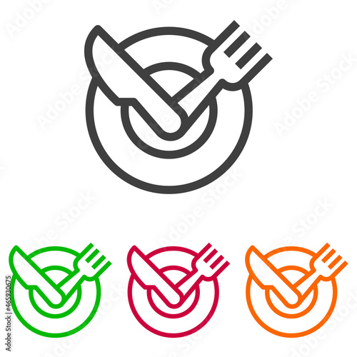 Lunch Time. Logotipo con plato como esfera de reloj con tenedor y cuchillo como manecillas con lineas en varios colores