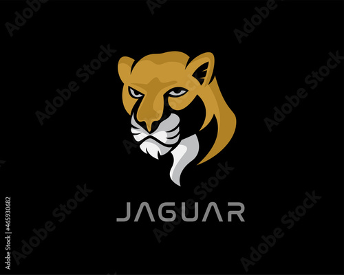 simple elegant head jaguar panther leopard big cat black background logo template illustration