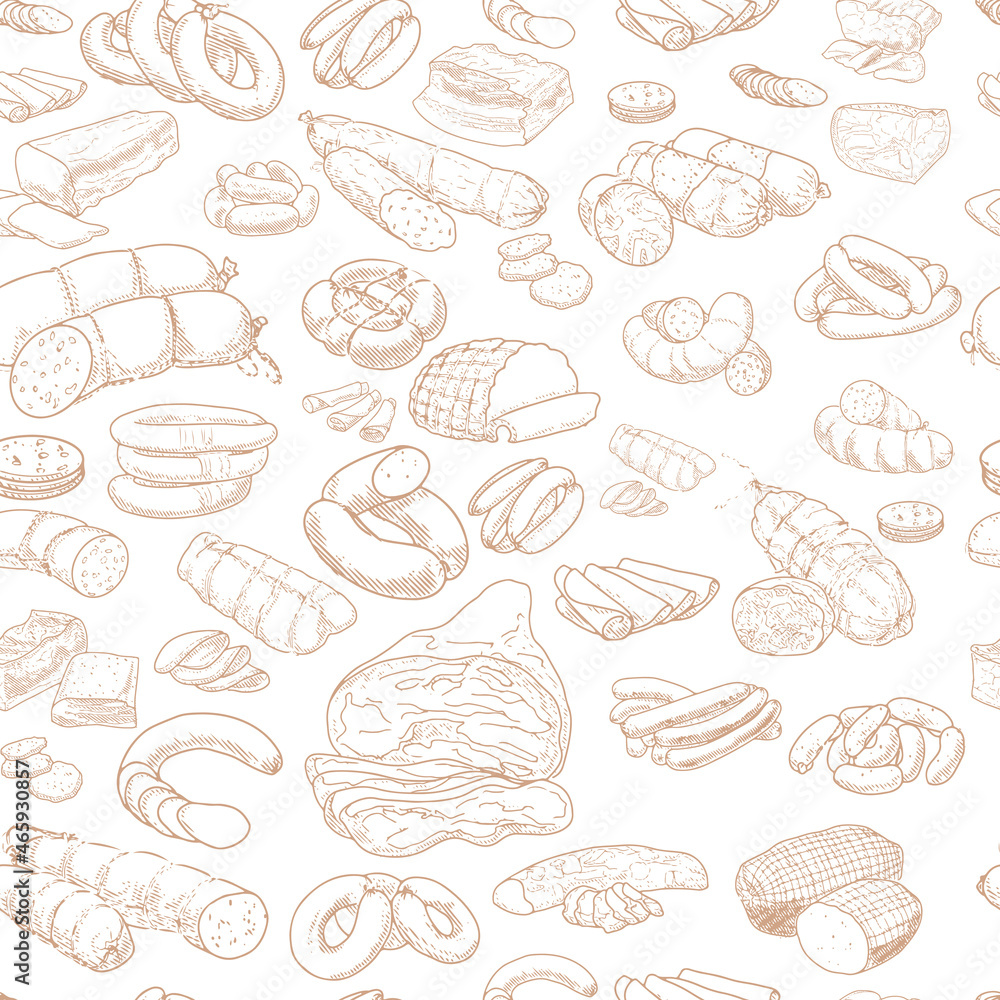 Seamless Pattern of meat products and meat delicacies. Sausages, ham, bacon, lard, salami in sketch style. Background for printing butcher shop packaging