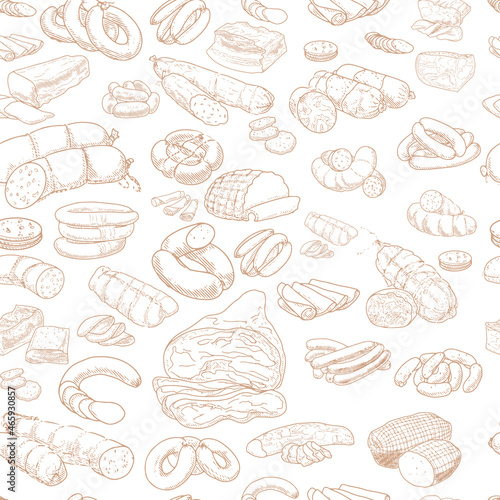 Seamless Pattern of meat products and meat delicacies. Sausages  ham  bacon  lard  salami in sketch style. Background for printing butcher shop packaging