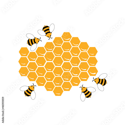 Bees with honeycomb emblem. Isolated vector illustration on a white background