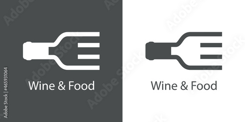 Banner con texto Wine and Food con silueta de botella de vino con forma de tenedor con líneas en fondo gris y fondo blanco