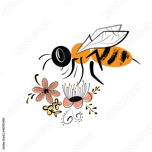 Vector image of the title-honey with a bee collecting nectar from flowers.