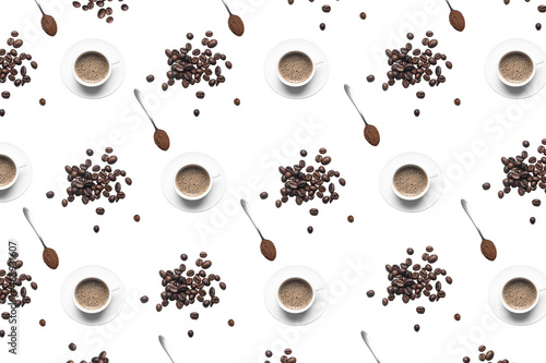 Pattern of cup of coffee and coffee beans on white background. Top view.