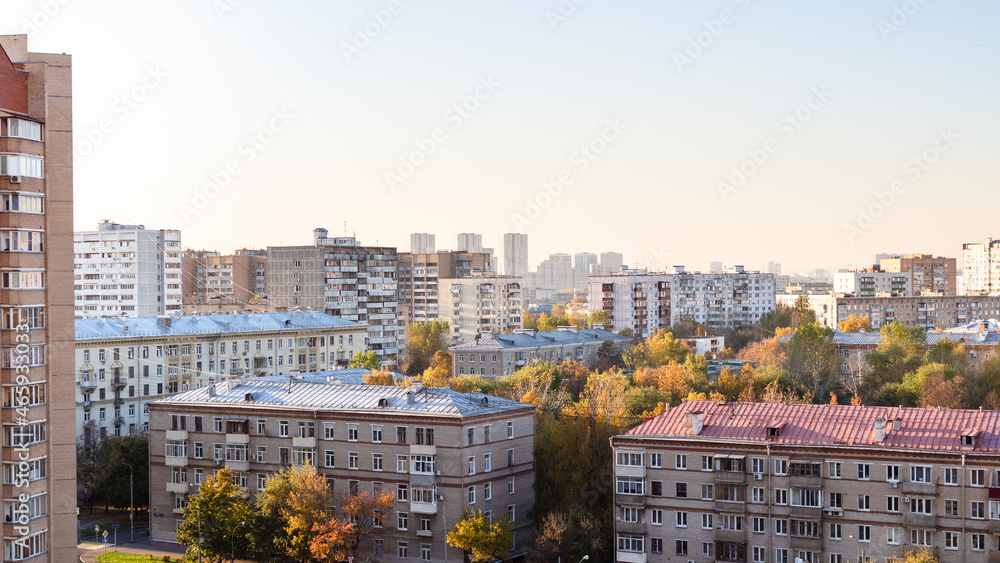 panoramic view of residential area of Moscow city on autumn sunset twilight