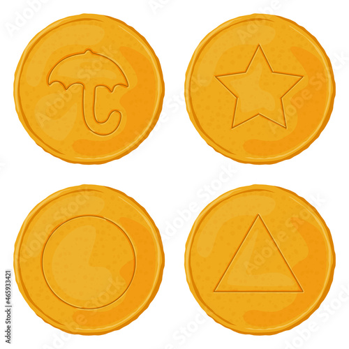 Dalgona vector set Korean traditional sugar candies with triangle, umbrella, circle and star pattern.