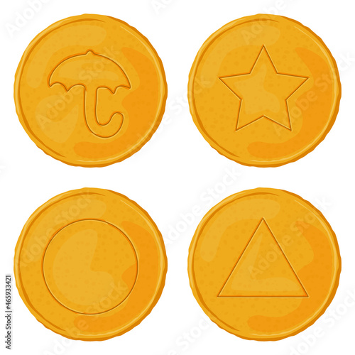 Dalgona vector set Korean traditional sugar candies with triangle, umbrella, circle and star pattern. photo