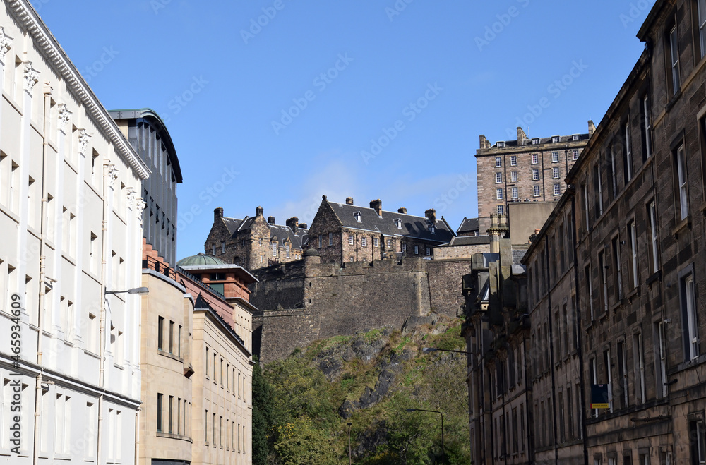 View of Military Buildings & Castle on Hill against Blue Sky seen from Lower Street Level