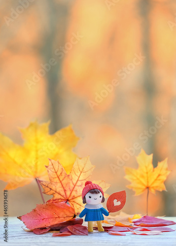 cute little doll and autumn leaves close up  natural abstract background. autumn season concept. copy space