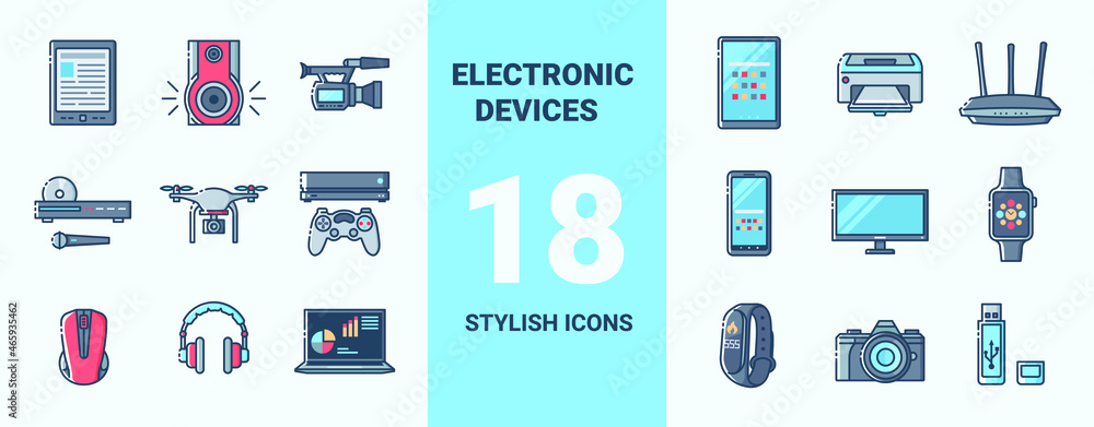 Set of colored icons on the theme of smart devices and gadgets, computer hardware and electronics. Vector stylish outline flat illustrations on light background.