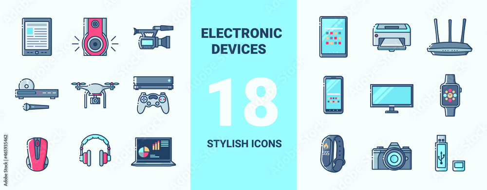 Set of colored icons on the theme of smart devices and gadgets, computer hardware and electronics. Vector stylish outline flat illustrations on light background. Set of colored icons on the theme of smart devices and gadgets, computer hardware and electronics. Vector stylish outline flat illustrations on light background.
