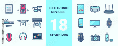 Set of colored icons on the theme of smart devices and gadgets, computer hardware and electronics. Vector stylish outline flat illustrations on light background.