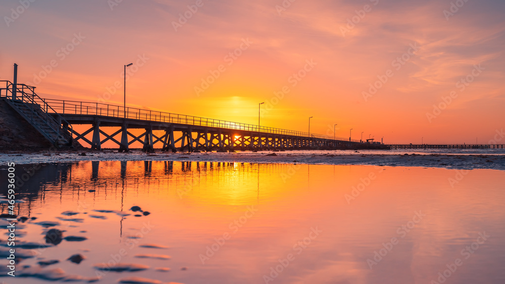 Moonta Bay jetty view during low tide at sunset, Yorke Peninsula,  South Australia