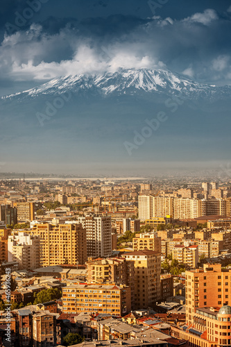 Spectacular vertical photo of the city of Yerevan and Mount Ararat. The concept of real estate and construction business in Armenia.