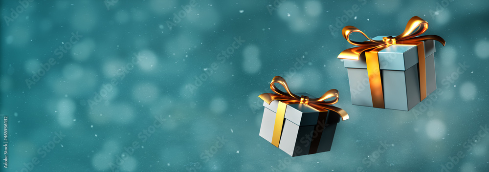 Merry Christmas and Happy New Year concept. Christmas gift with winter background. Xmas present. 3D rendering. - obrazy, fototapety, plakaty 