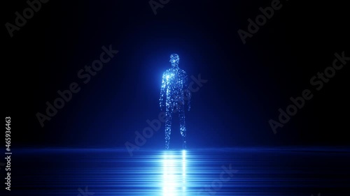 Abstract digital human figure in a dark space. Futuristic simulated virtual transformation of man body and reality concept