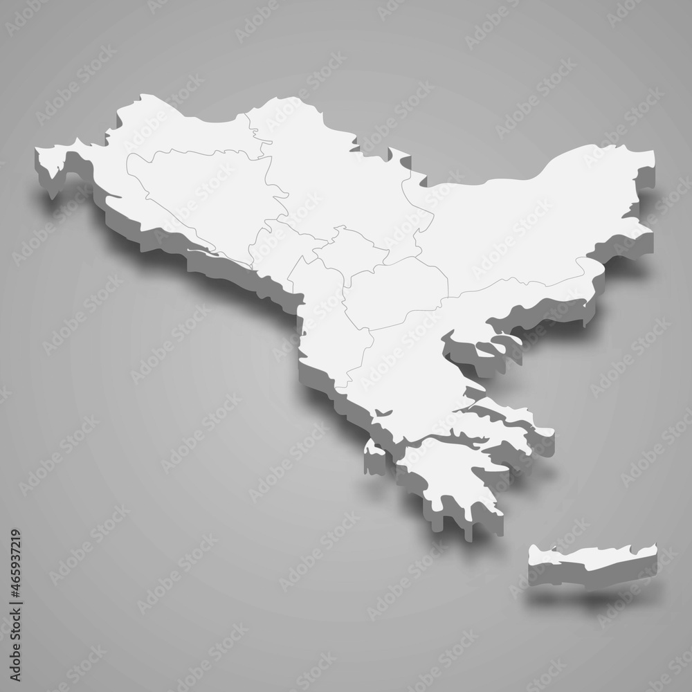 3d isometric map of Balkans region, isolated with shadow