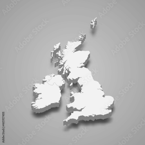 3d isometric map of British Isles region, isolated with shadow