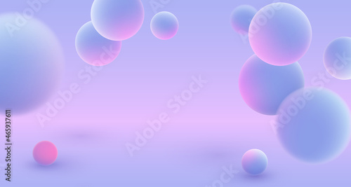 Realistic blue balls, blured and luminous pink balls with soft touch feeling in blue pink abstract background. Vector illustration for postcard, banner, cards, web, design, advertising.