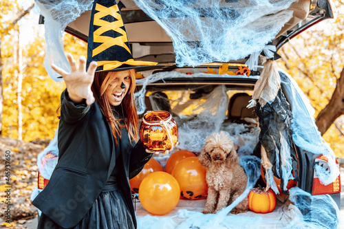 teenage girl in witch costume and hat and cute poodle dog in ghost costume sits in trunk car decorated for Halloween with web, orange balloons and pumpkins, outdoor creative activity concept in autumn