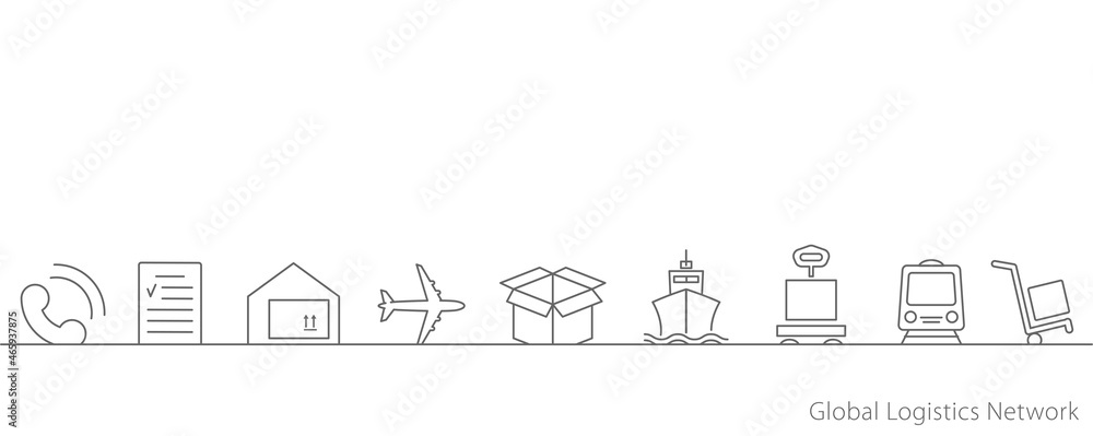 Global logistics network. Map global logistics partnership connection. Vector banner template with logistics icons and text space.  Set of logistics icons on white background for your design. EPS10.
