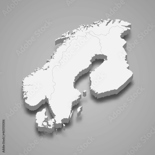 3d isometric map of Scandinavia region, isolated with shadow