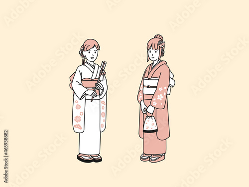 着物を着た若い女性　振袖　全身　初詣　笑顔　イラスト素材
