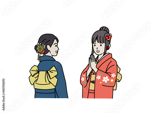 初詣に行く着物を着た若い女性　振袖　お参り　参拝　イラスト素材