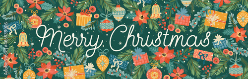 Christmas and Happy New Year banner with Christmas decorations.