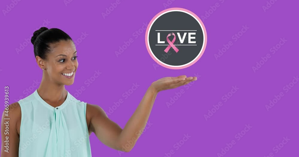 Animation of breast cancer awareness text over smiling biracial woman Animation of breast cancer awareness text over smiling biracial woman