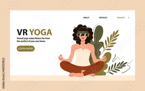 Virtual yoga landing page. Woman in vr glasses in lotus position for web banner. Flat vector illustration