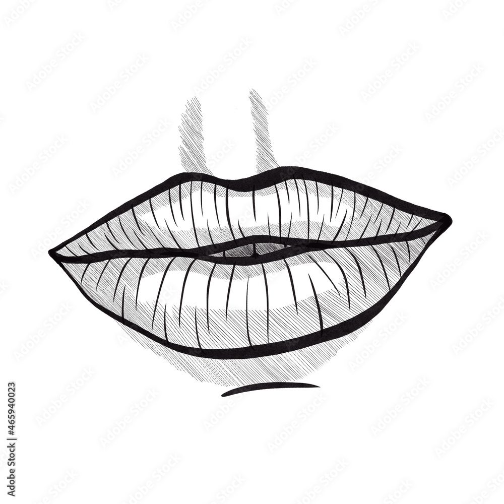 Illustration of lips. Mouth in black and white. Woman mouth drawing. Illustration of lips. Mouth in black and white. Woman mouth drawing.
