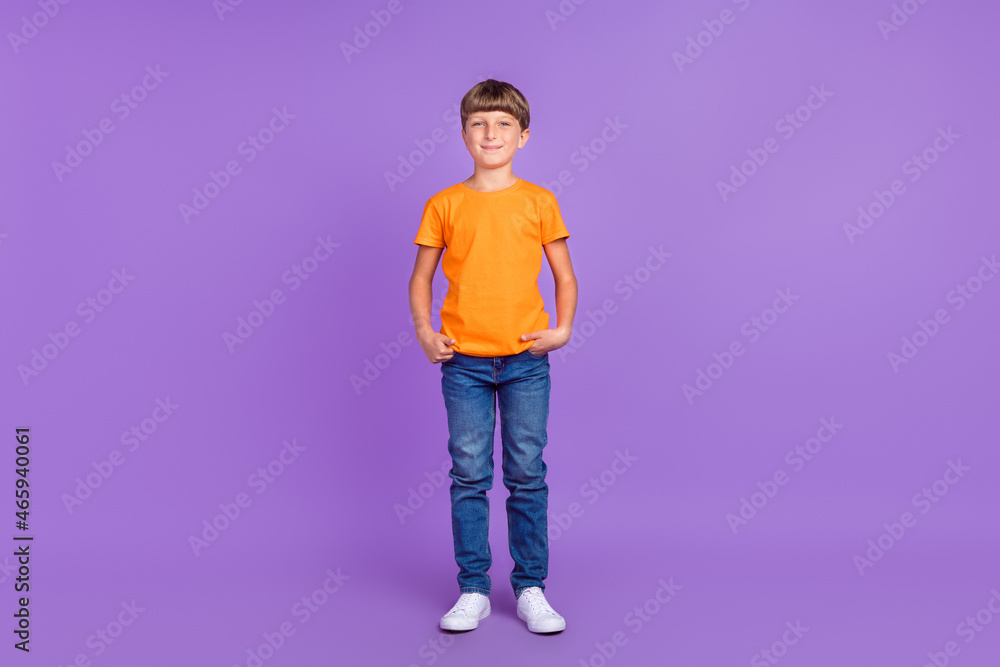 Fototapeta premium Full length body size photo boy wearing stylish outfit smiling isolated pastel purple color background
