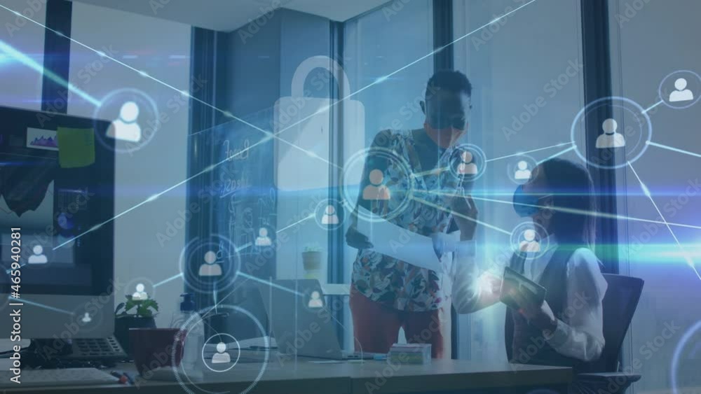 Animation of financial data processing over diverse businesswomen with face masks in office