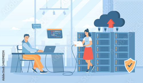 Data center. Hosting provider, data storage, cloud  technologies. Server racks, datacenter equipment. Flat cartoon vector illustration with people characters for banner, website design or landing page