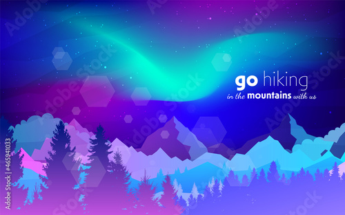 Northern Lights. Aurora in the Arctic. Night boreal. Travel, discovering, exploring, observing nature. Hiking tourism. Adventure. Minimalist graphic flyers. Flat design. Vector mountain landscape