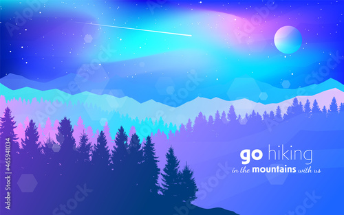 Northern Lights. Aurora in the Arctic. Night boreal. Travel, discovering, exploring, observing nature. Hiking tourism. Adventure. Minimalist graphic flyers. Flat design. Vector mountain landscape © Yurii
