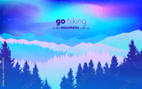 Northern Lights. Aurora in the Arctic. Night boreal. Travel, discovering, exploring, observing nature. Hiking tourism. Adventure. Minimalist graphic flyers. Flat design. Vector mountain landscape